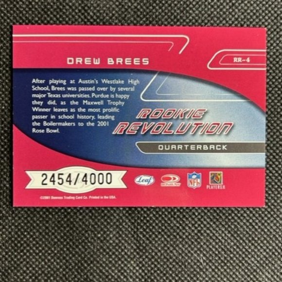 2001 Quantum Leaf Drew Brees Rookie Revolution Football Card #RR-4 SP /4000 - Picture 2 of 2
